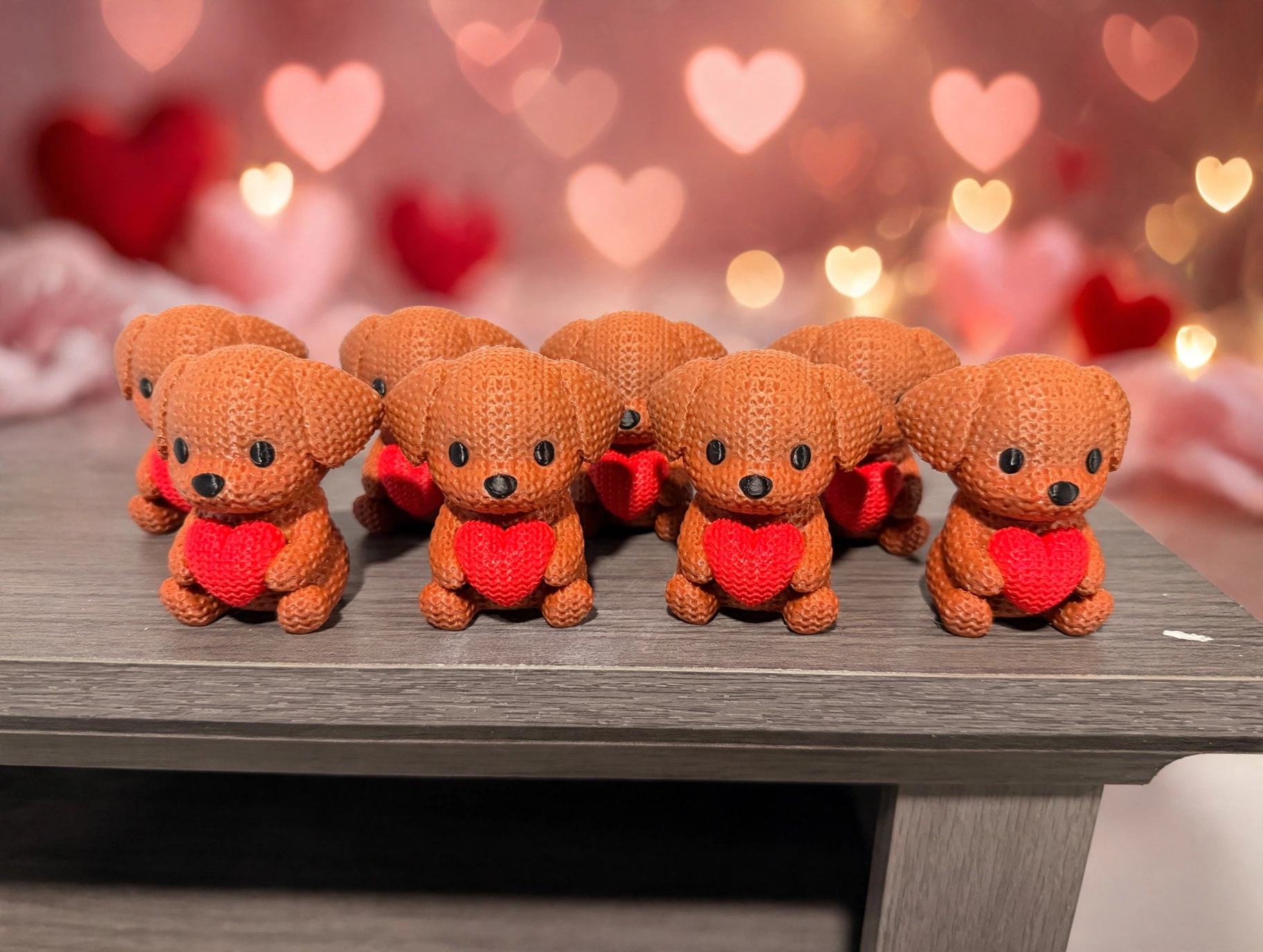 Brown 3D-printed dogs holding red hearts
